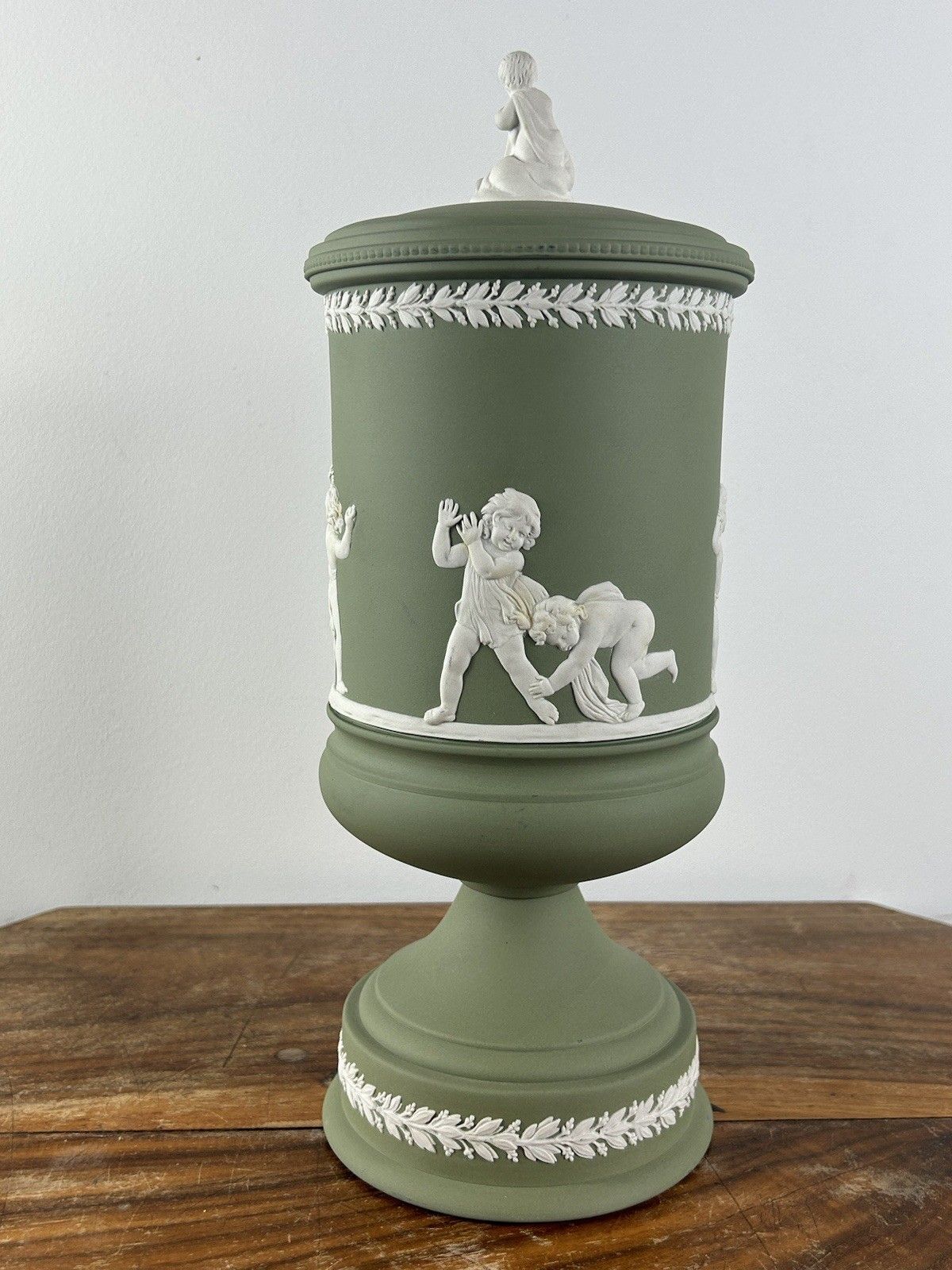 Blind Man’s Buff Green Jasperware Lidded Urn Vase 12" Classical Style photo for sale