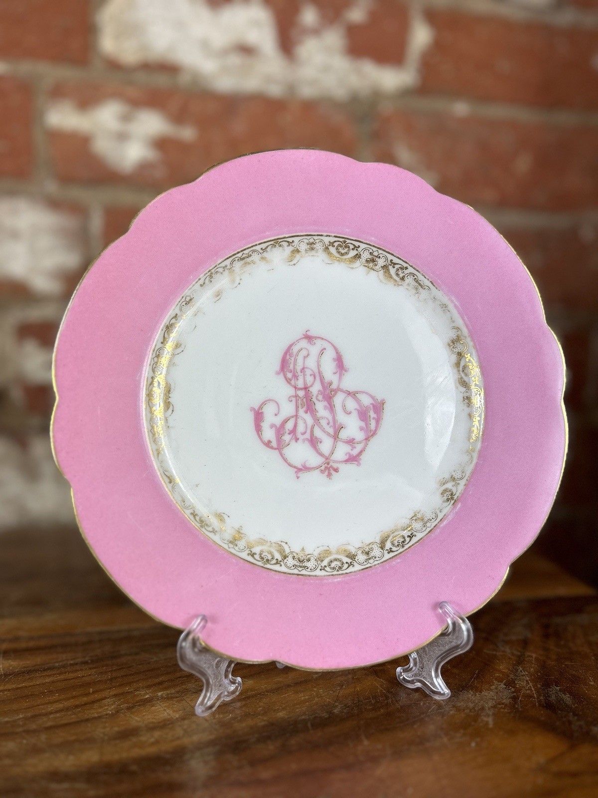 photo for sale Antique Old Paris Armorial Porcelain Pink Plate Service, 11pc, French