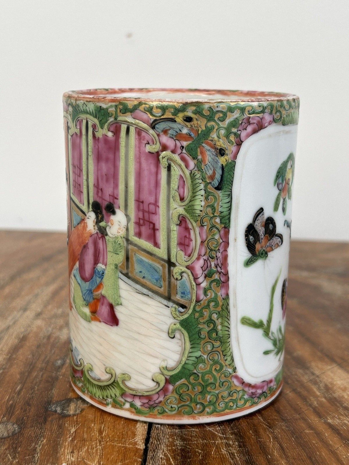 Antique Chinese Rose Medallion Cylindrical Vase Pot Hand Painted C.1850s photo furniture