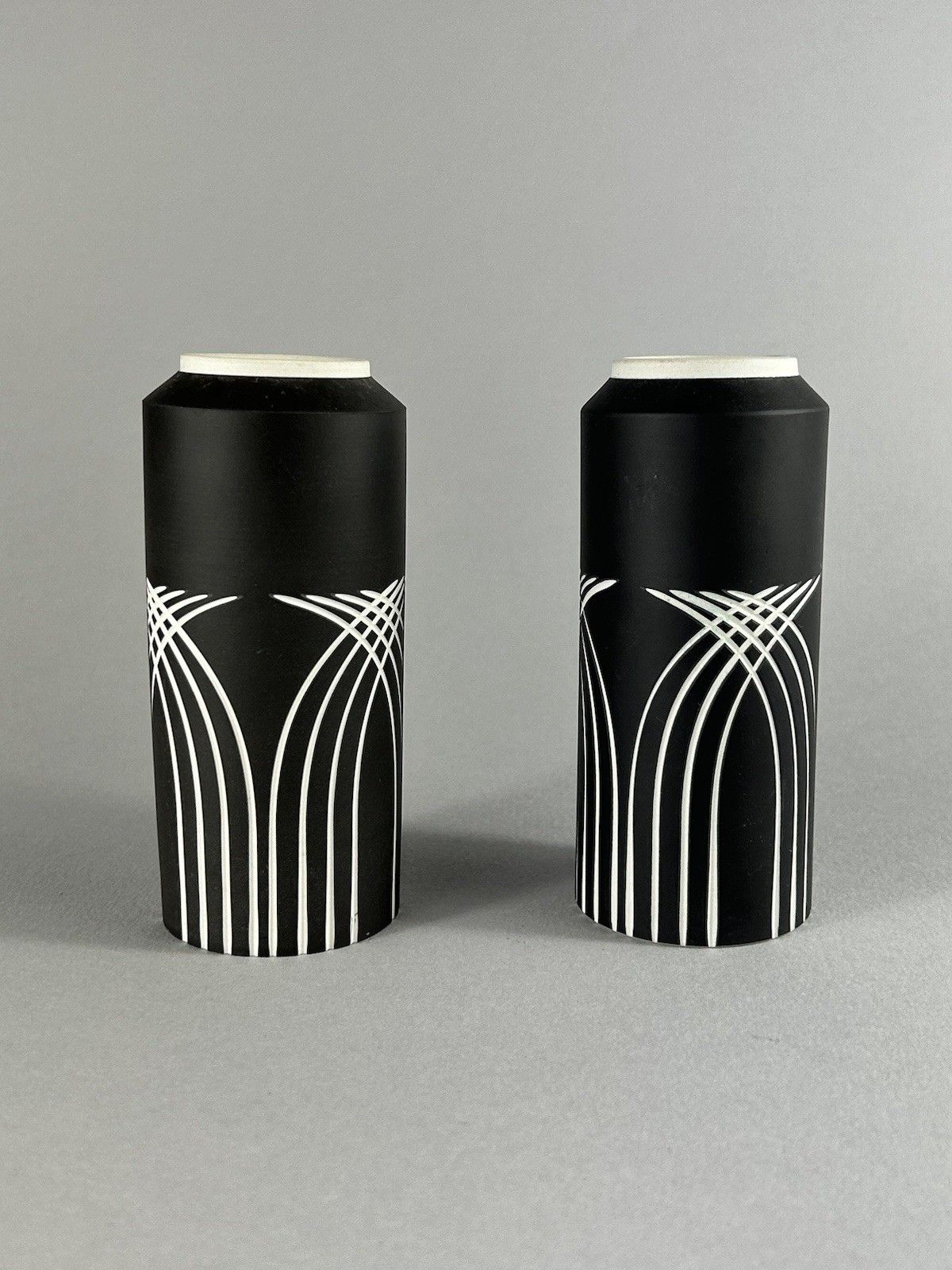 Mid Century Wedgwood Black Jasperware Symmetry Vase Pair 12.5cm