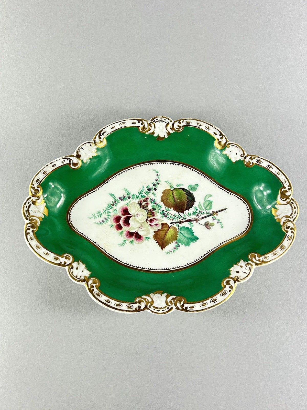 Antique English Porcelain Green & Gilt Pierced Oval Centerpiece 30cm