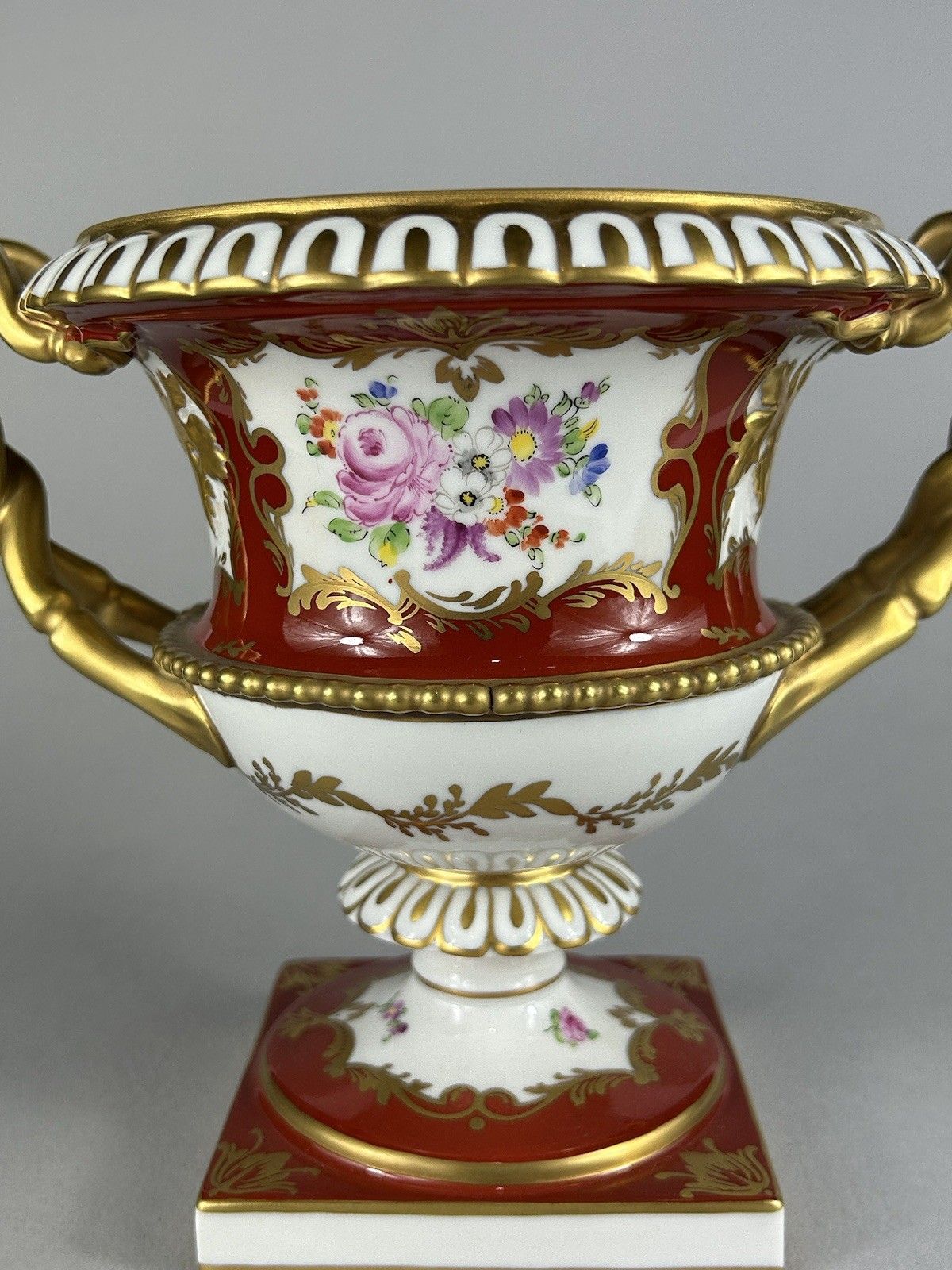 Dresden Carl Thieme German Hand Painted Floral Porcelain Vase Gilt Handles photo for sale