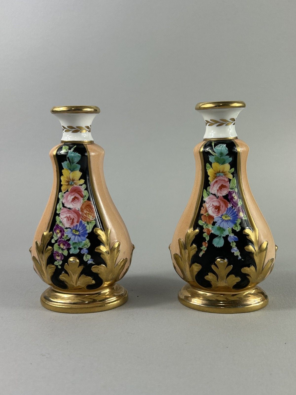 Antique Hand Painted Floral Porcelain Bud Vases Pair 14cm