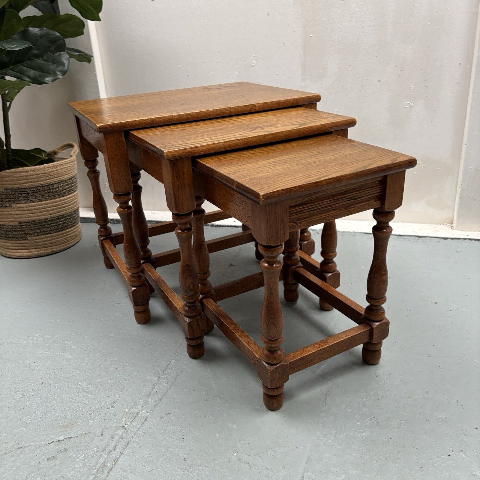 Vintage Late 20th Century Heavy Light Oak Nest Of Three Coffee Tables photo furniture