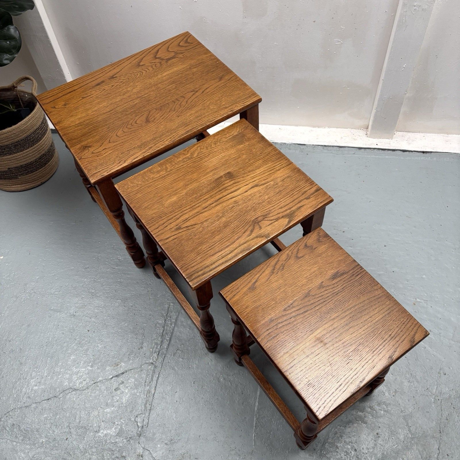 Vintage Late 20th Century Heavy Light Oak Nest Of Three Coffee Tables photo vintage