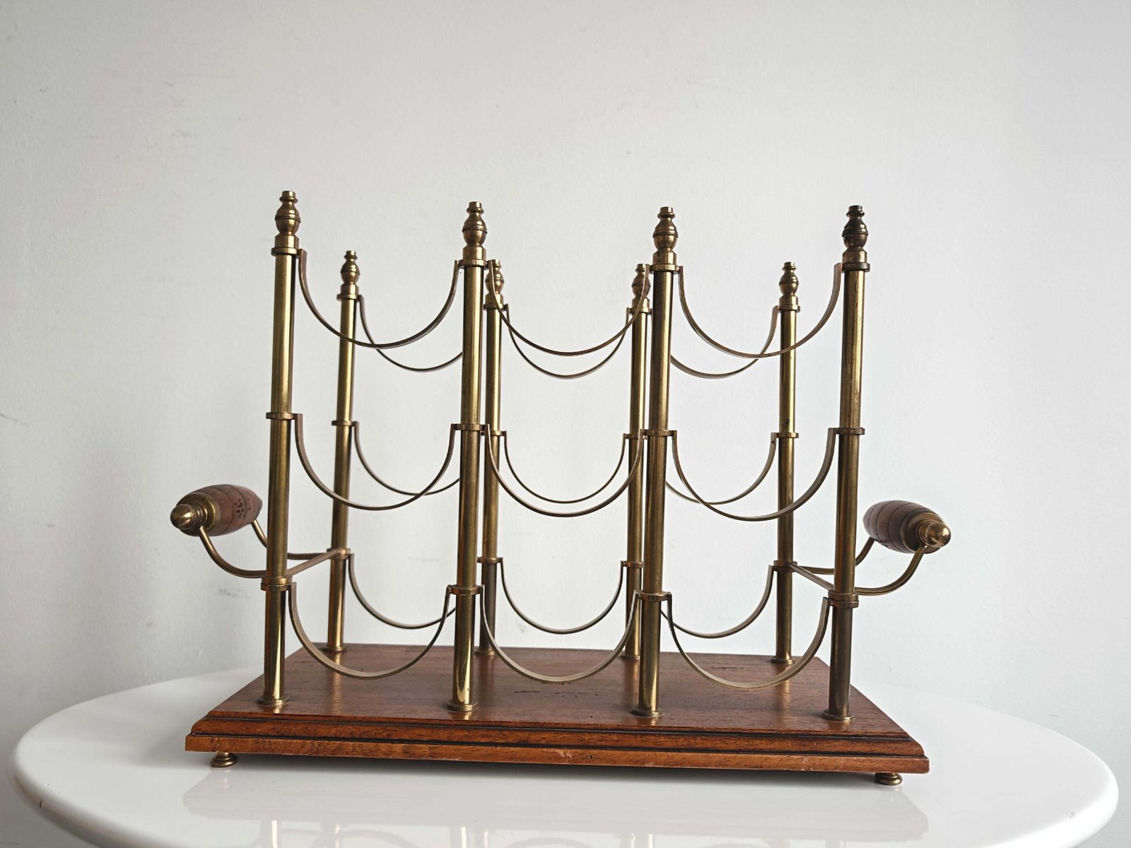 Mid Century Modern Wine Bottle Holder In Brass And Mahogany, France 1960s photo furniture