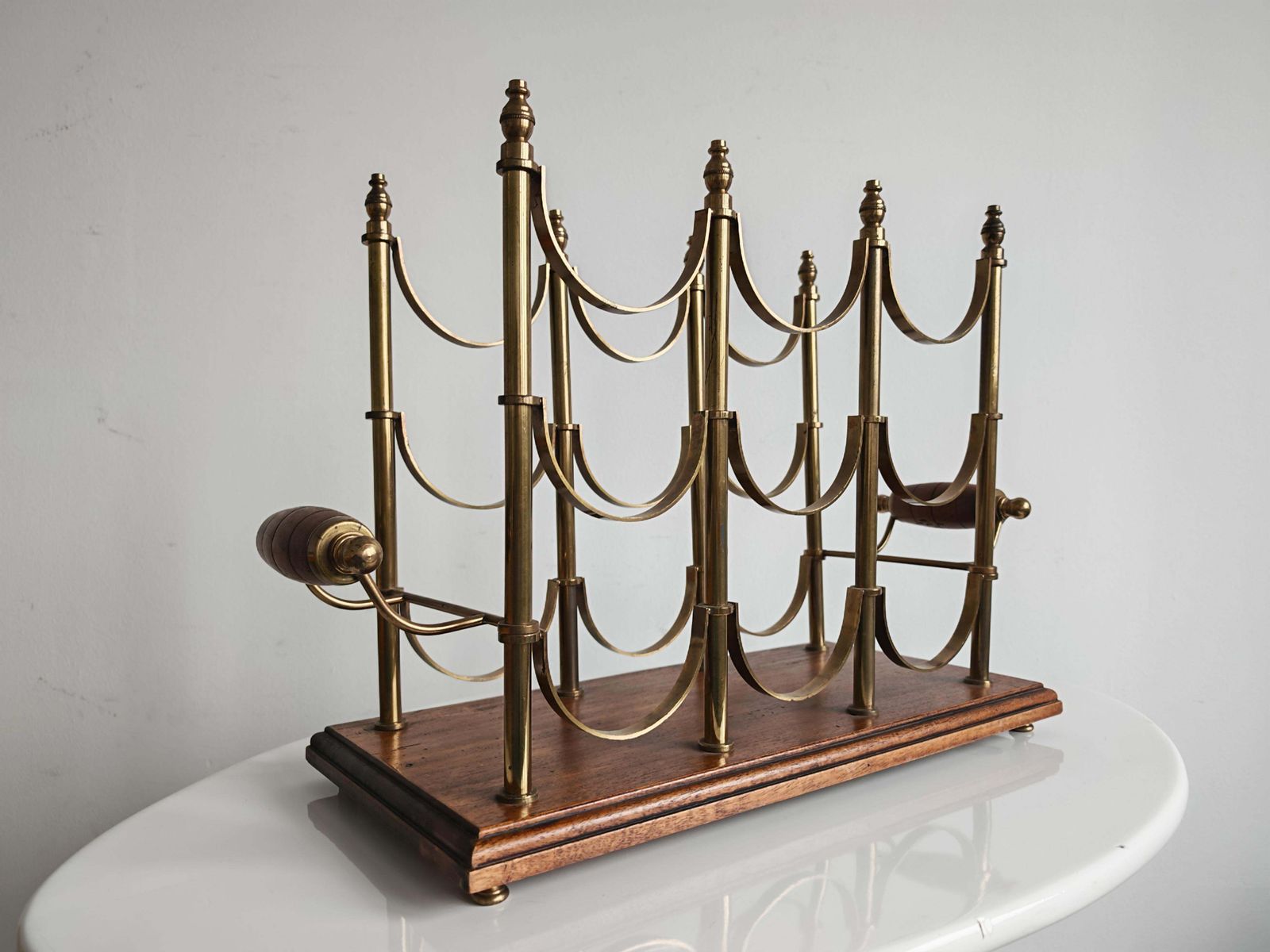 Mid Century Modern Wine Bottle Holder In Brass And Mahogany, France 1960s photo buy
