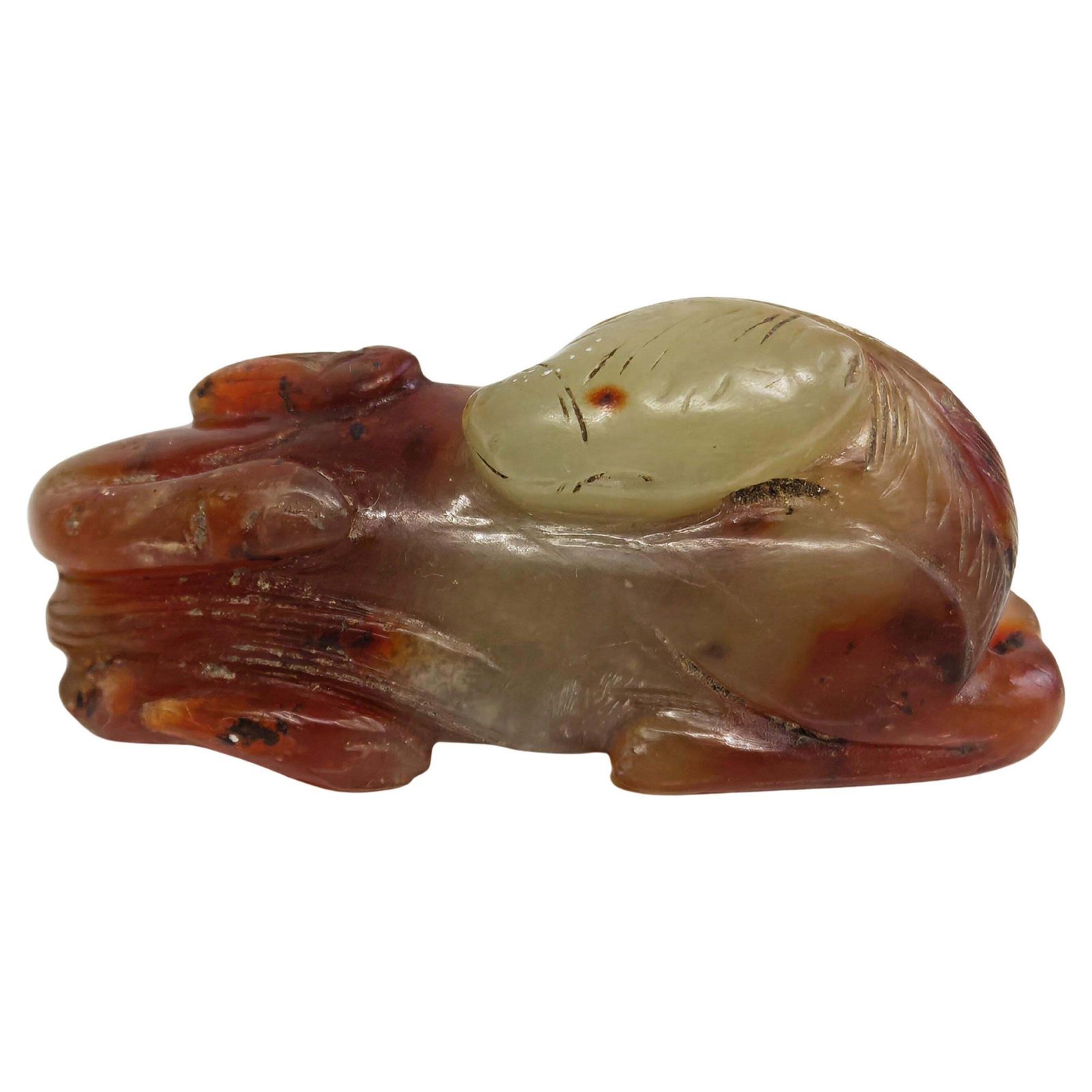 Antique Hand Carved Deer Figurine In Agate Stone, China 19th Century