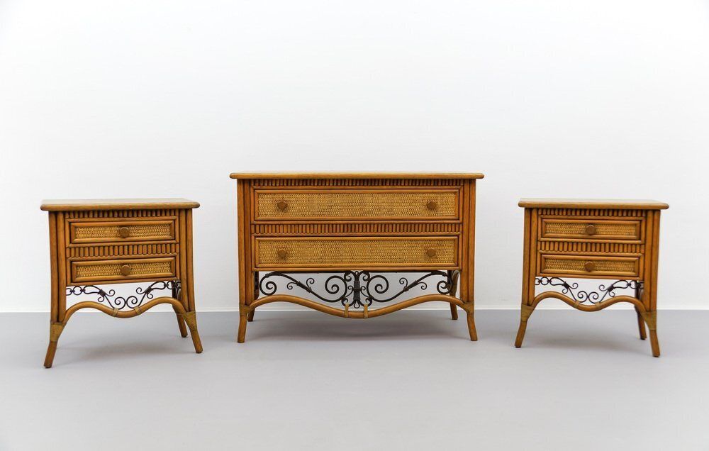 photo vinterior Italian Rattan And Wrought Iron Commode, 1970s, Set Of 2