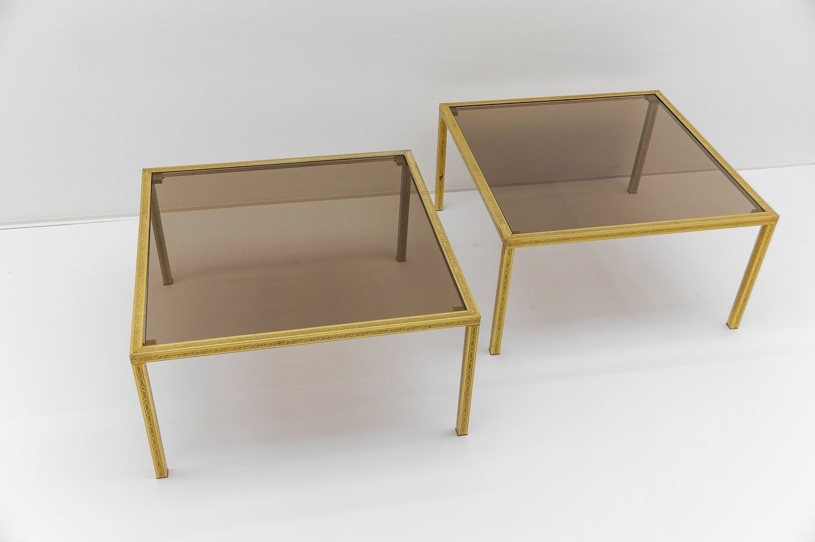 Brass And Smoked Glass Coffee Tables With Ornaments, 1970s, Set Of 2 photo 1094.0