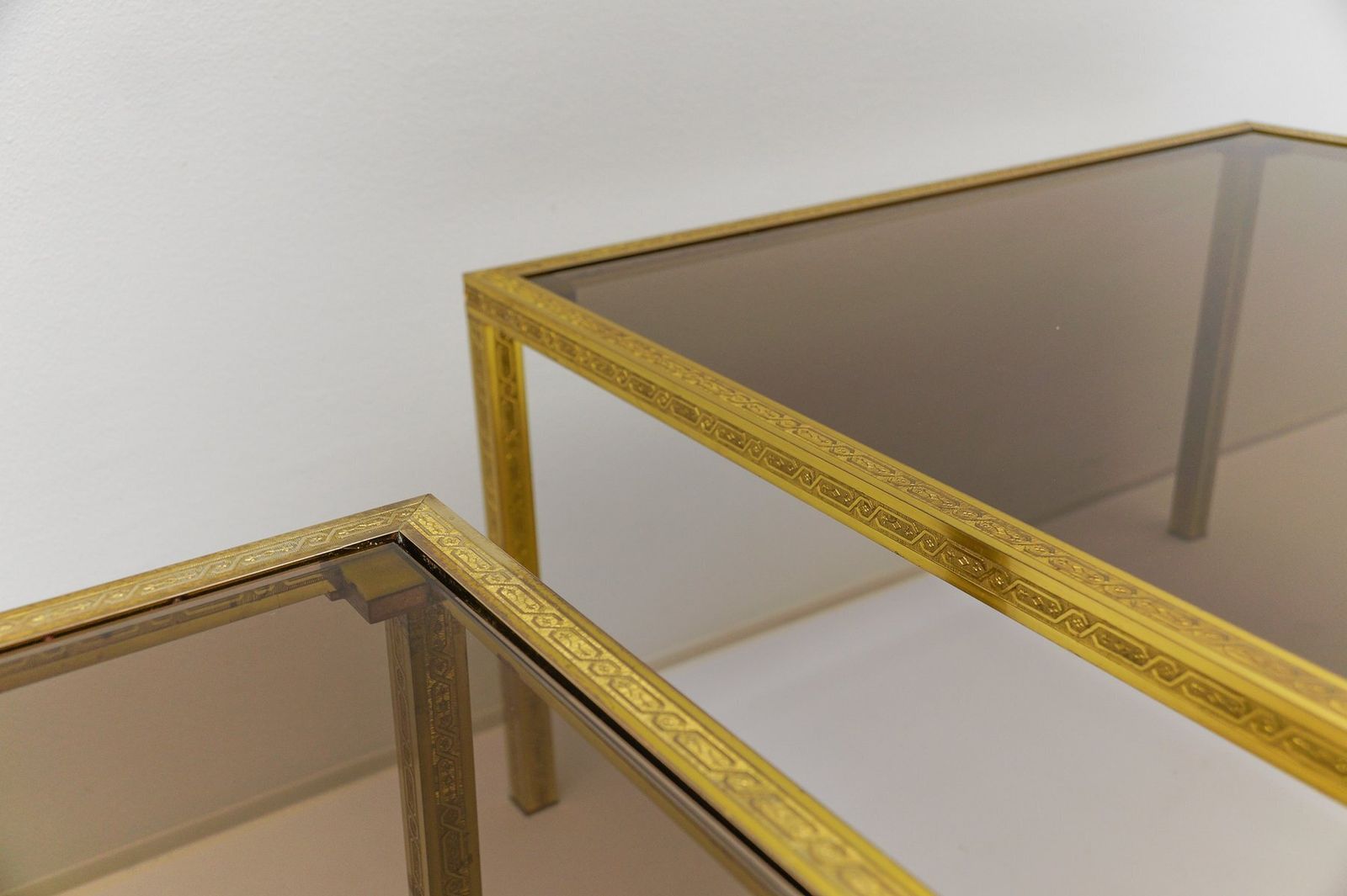 Brass And Smoked Glass Coffee Tables With Ornaments, 1970s, Set Of 2 photo vinterior