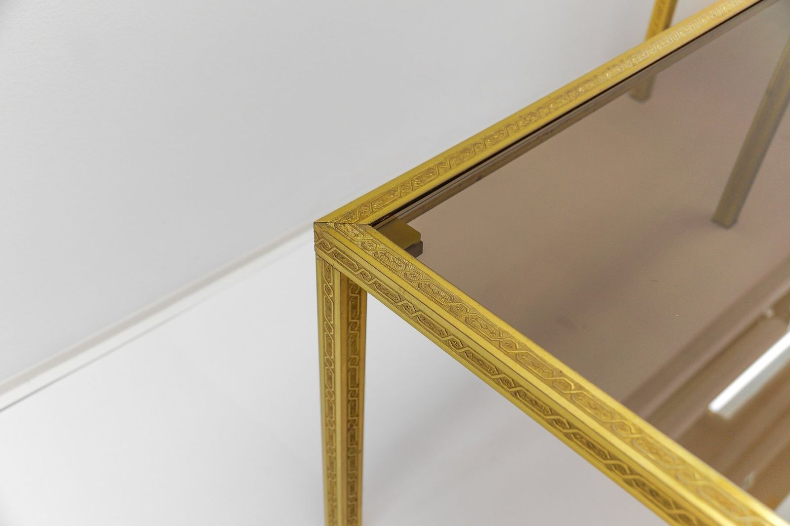 photo furniture Brass And Smoked Glass Coffee Tables With Ornaments, 1970s, Set Of 2
