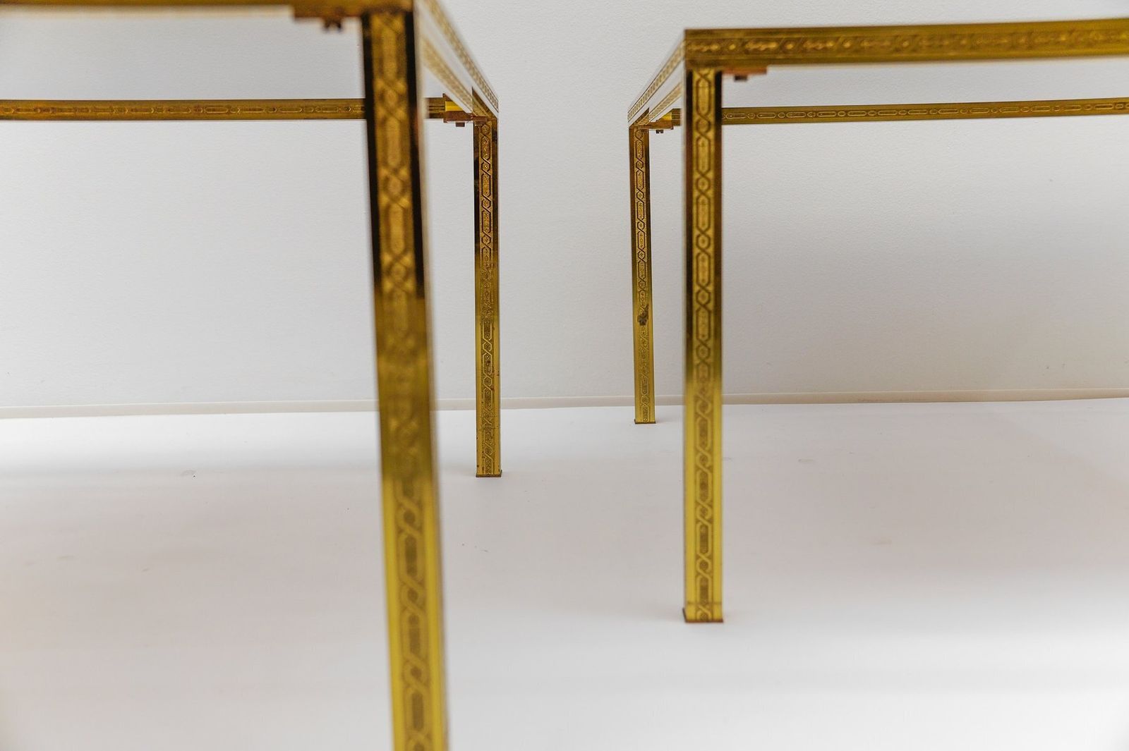 1094.0 Brass And Smoked Glass Coffee Tables With Ornaments, 1970s, Set Of 2 photo