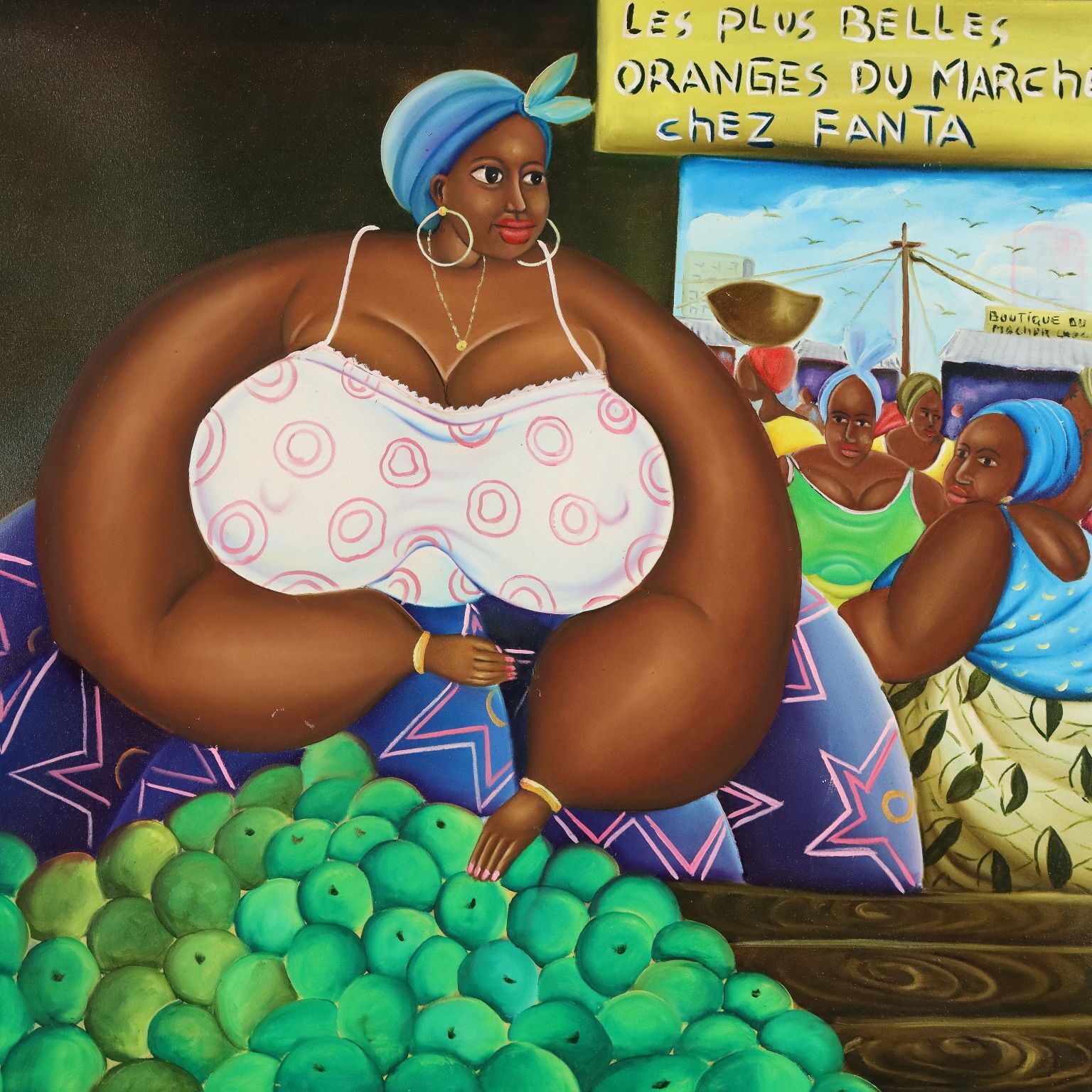 African Naif Painting The Orange Seller Oil On Canvas XX Century photo for sale