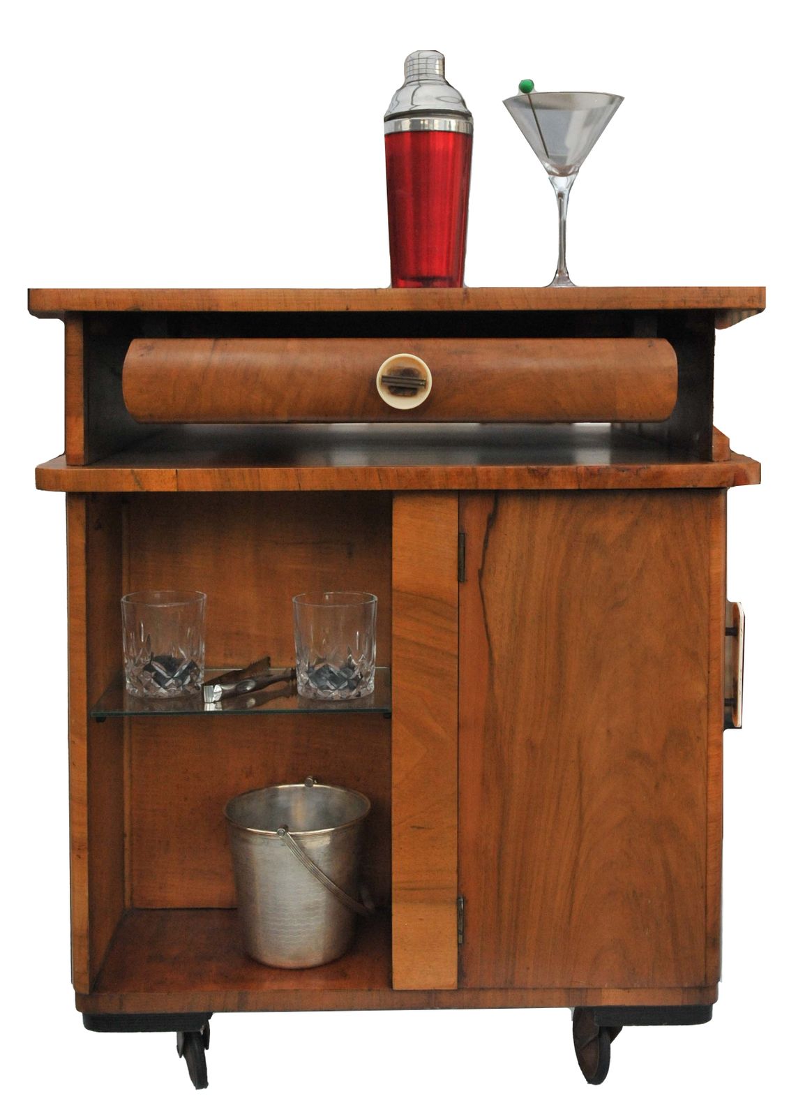 Art Deco "Multibeau" Cocktail Bar Cart Made Of Burr Walnut Veneer 1930's photo for sale