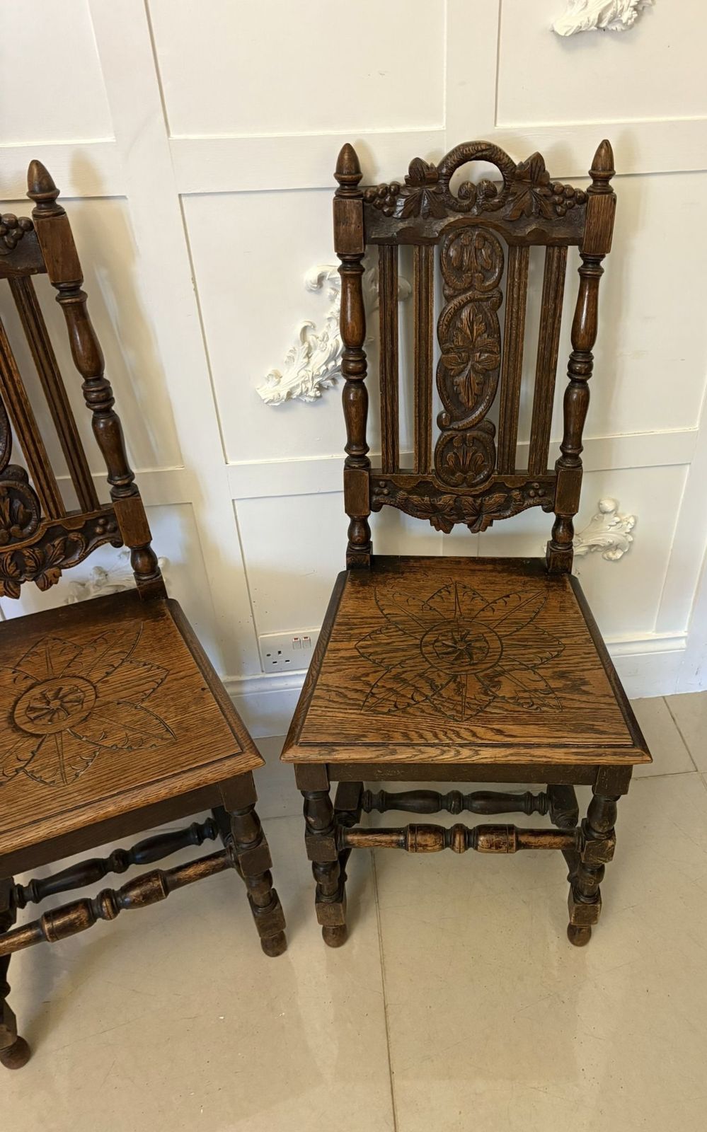 Antique 19th Century Pair Of Quality Carved Oak Side Chairs photo vintage