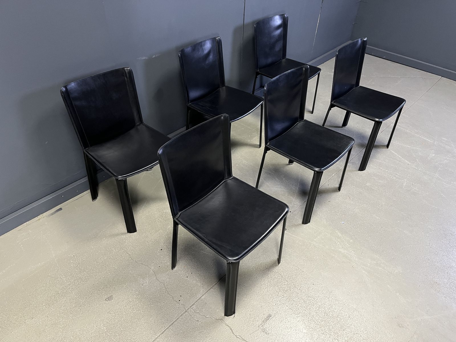 Vintage Black Leather Dining Chairs By Cidue, Set Of 6   1980s photo furniture