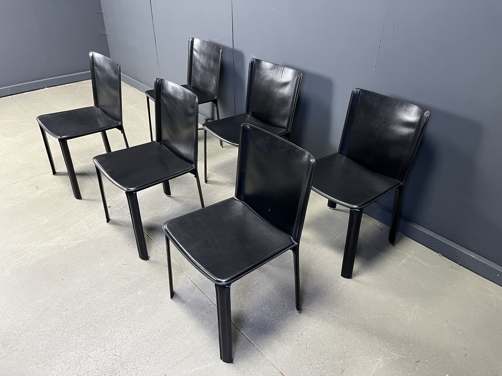 Vintage Black Leather Dining Chairs By Cidue, Set Of 6   1980s photo for sale