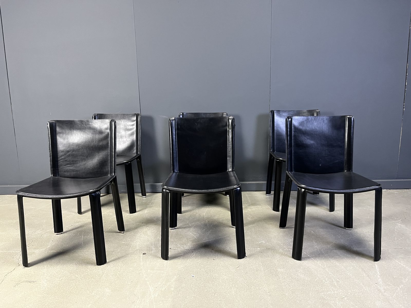Vintage Black Leather Dining Chairs By Cidue, Set Of 6   1980s