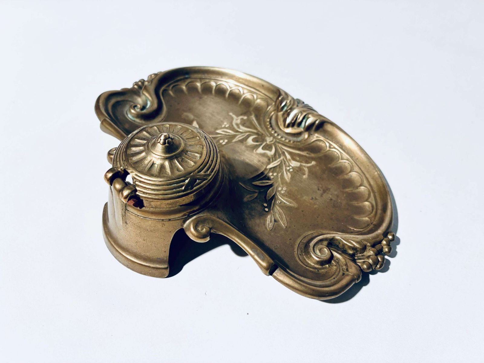 French Art Nouveau Ornamented Ink Well Stand Brass / Antique Desk Decor 1880s photo vintage