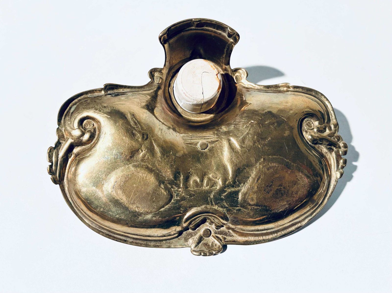 photo vinterior French Art Nouveau Ornamented Ink Well Stand Brass / Antique Desk Decor 1880s