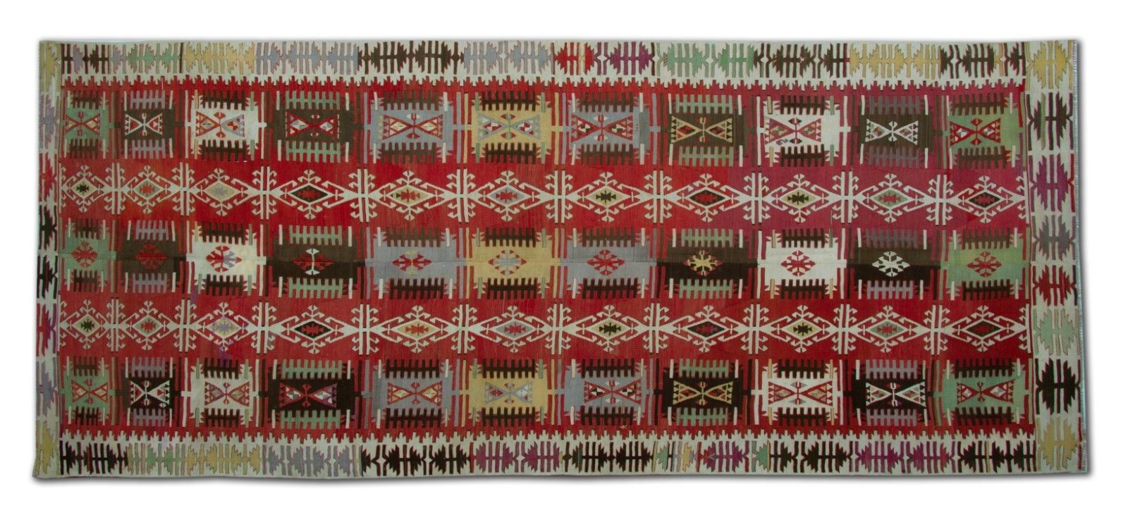 Turkish Kilim Runner 1890s Tribal Geometric Wool Flatweave 390x163cm photo for sale