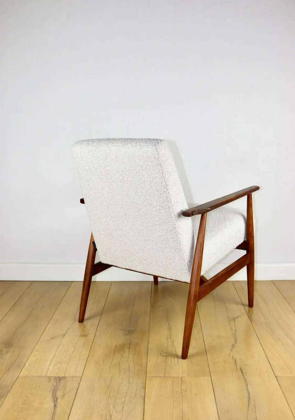 Armchair „ Lis”, 1970s White Boucle Design Henryk Lis   Dark Wood   2 Pieces Available photo 377.0