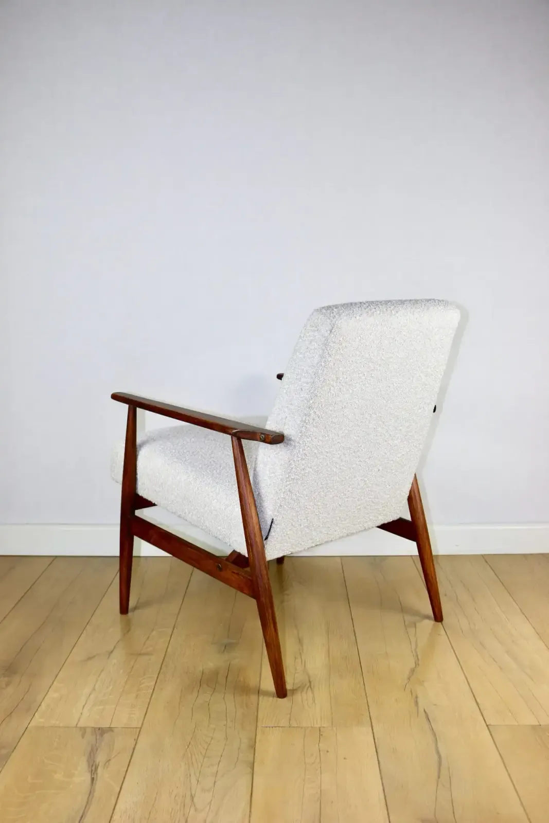 Armchair „ Lis”, 1970s White Boucle Design Henryk Lis   Dark Wood   2 Pieces Available photo buy