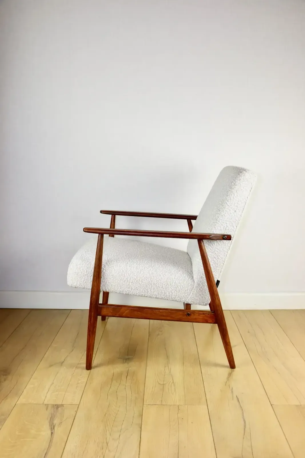 Armchair „ Lis”, 1970s White Boucle Design Henryk Lis   Dark Wood   2 Pieces Available photo vintage