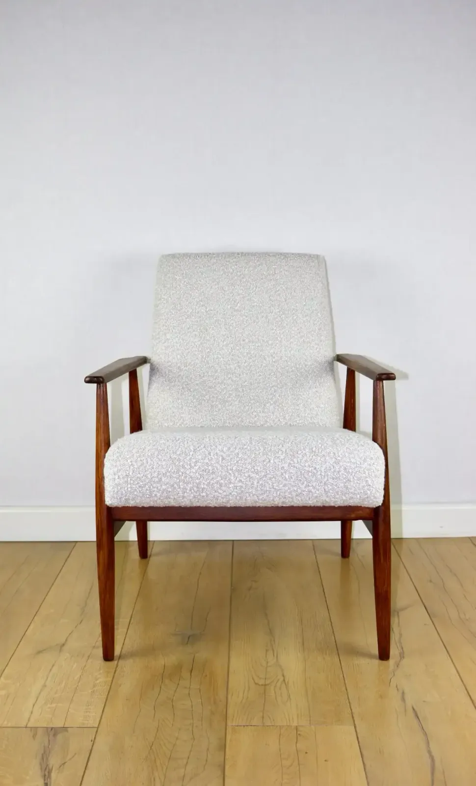 377.0 Armchair „ Lis”, 1970s White Boucle Design Henryk Lis   Dark Wood   2 Pieces Available photo