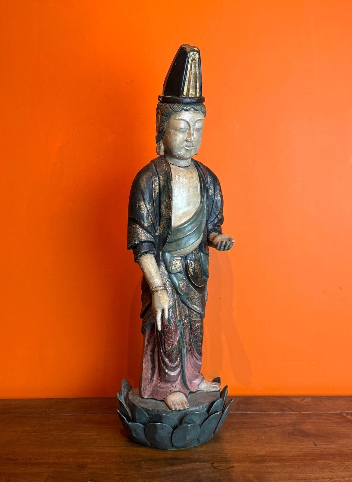 Large 19th Century Chinese Polychrome Painted Carved Wood Figure Of Guanyin photo buy