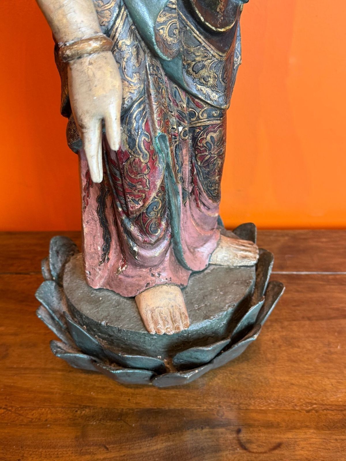 photo for sale Large 19th Century Chinese Polychrome Painted Carved Wood Figure Of Guanyin