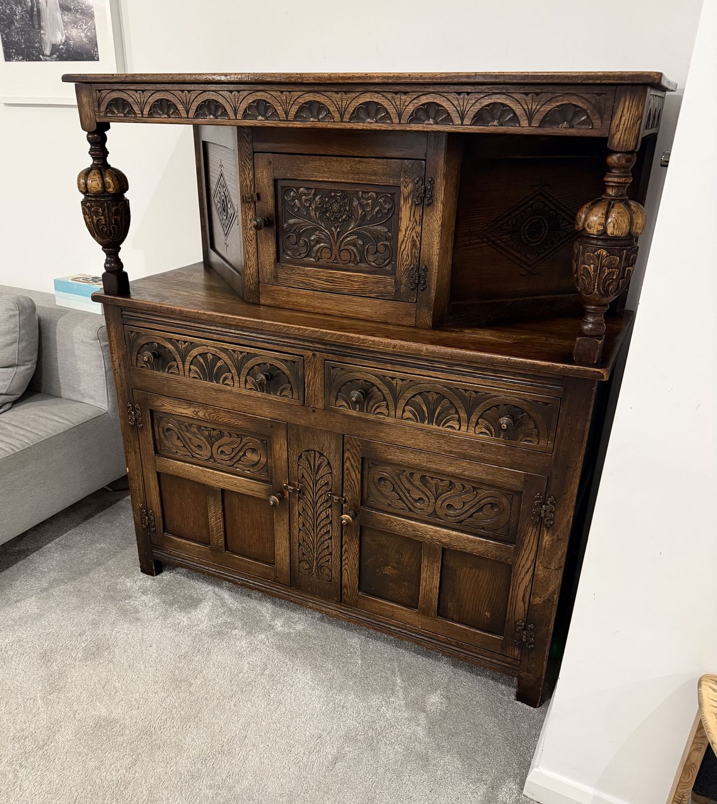 Jacobean 19th Century Oak Hand Carved Gothic Style Court Cabinet photo furniture