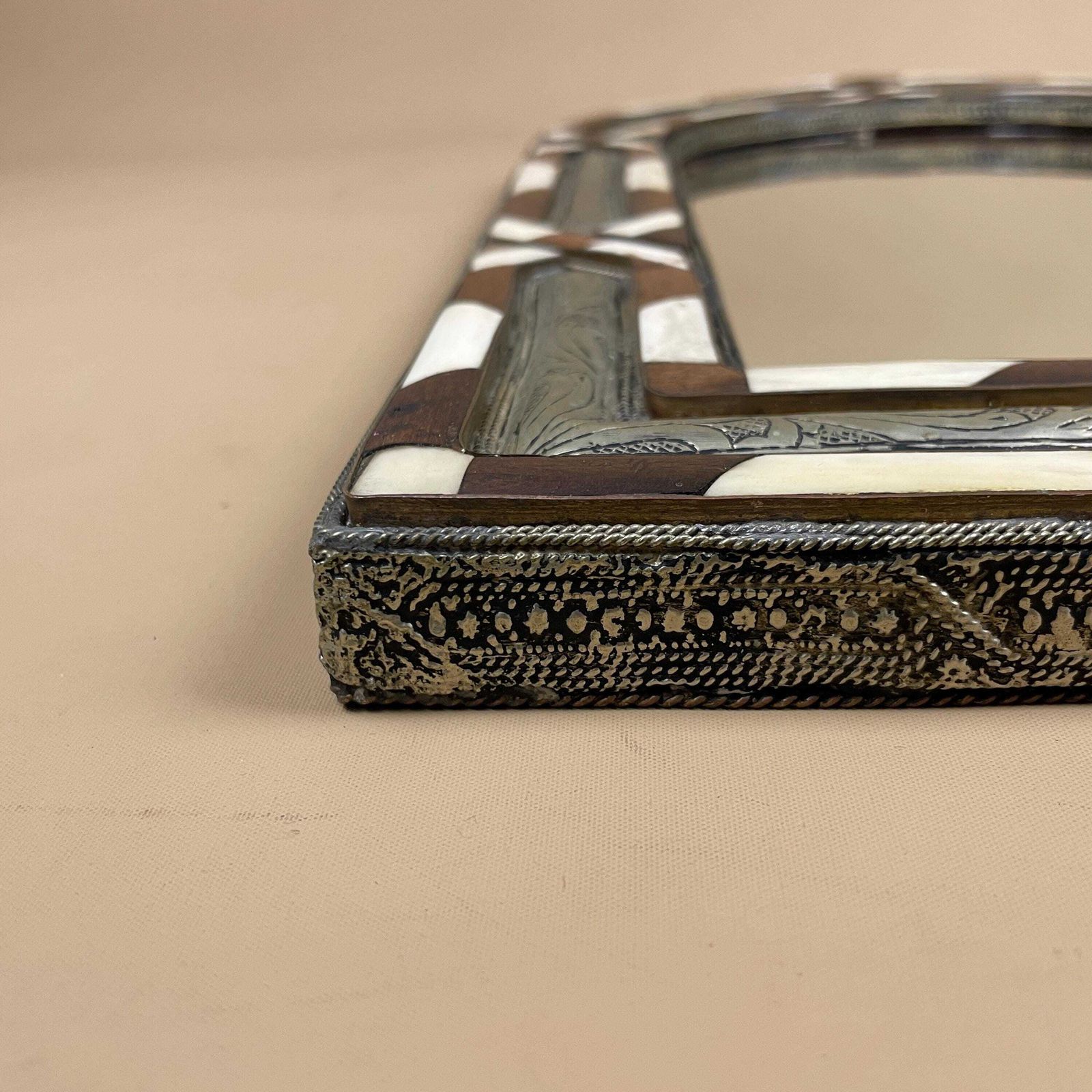 Moroccan Arched Wall Mirror Middle Eastern Style Inlaid Decorative Engraved Silver Metal Border Artisan Mother Of Pearl photo vintage