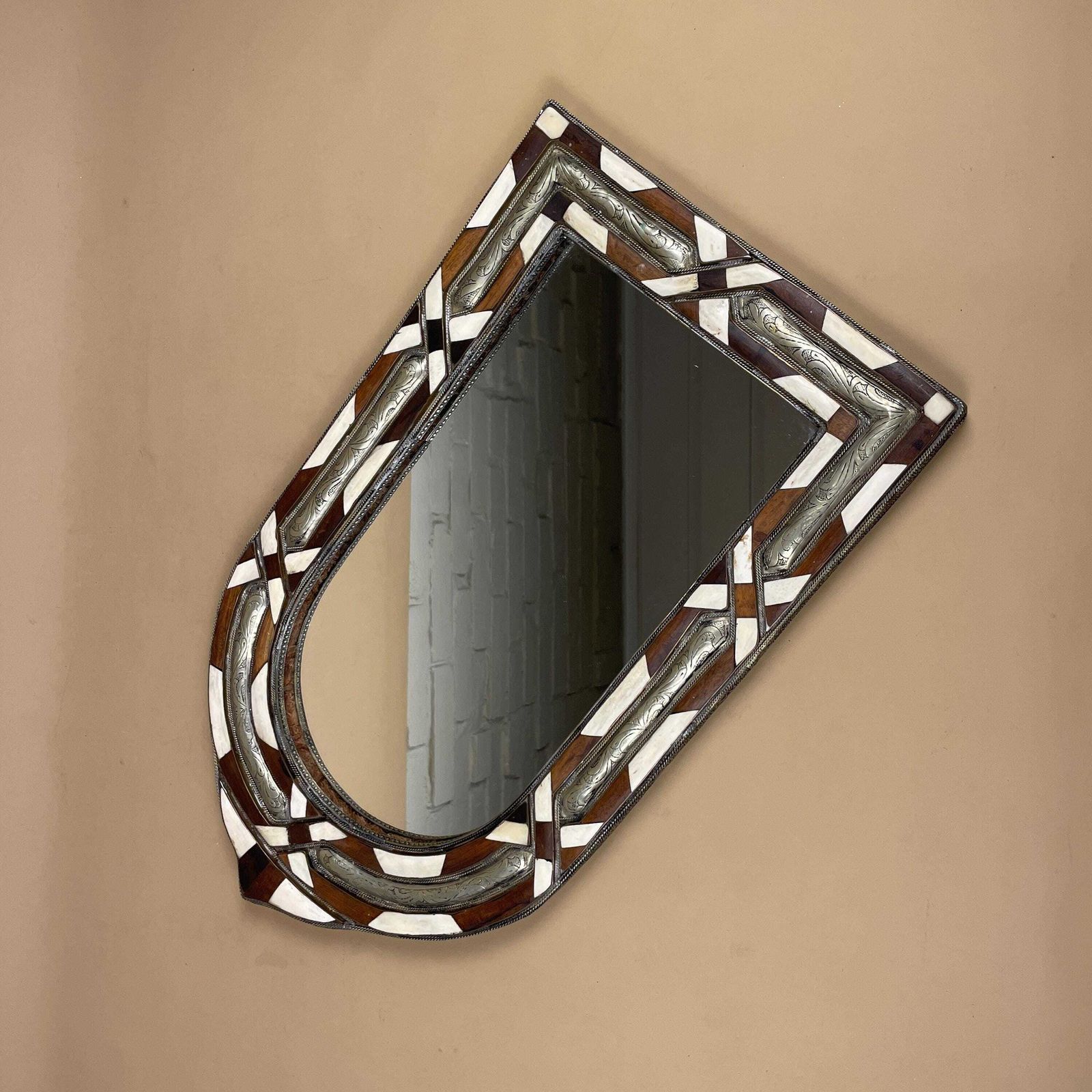 photo for sale Moroccan Arched Wall Mirror Middle Eastern Style Inlaid Decorative Engraved Silver Metal Border Artisan Mother Of Pearl