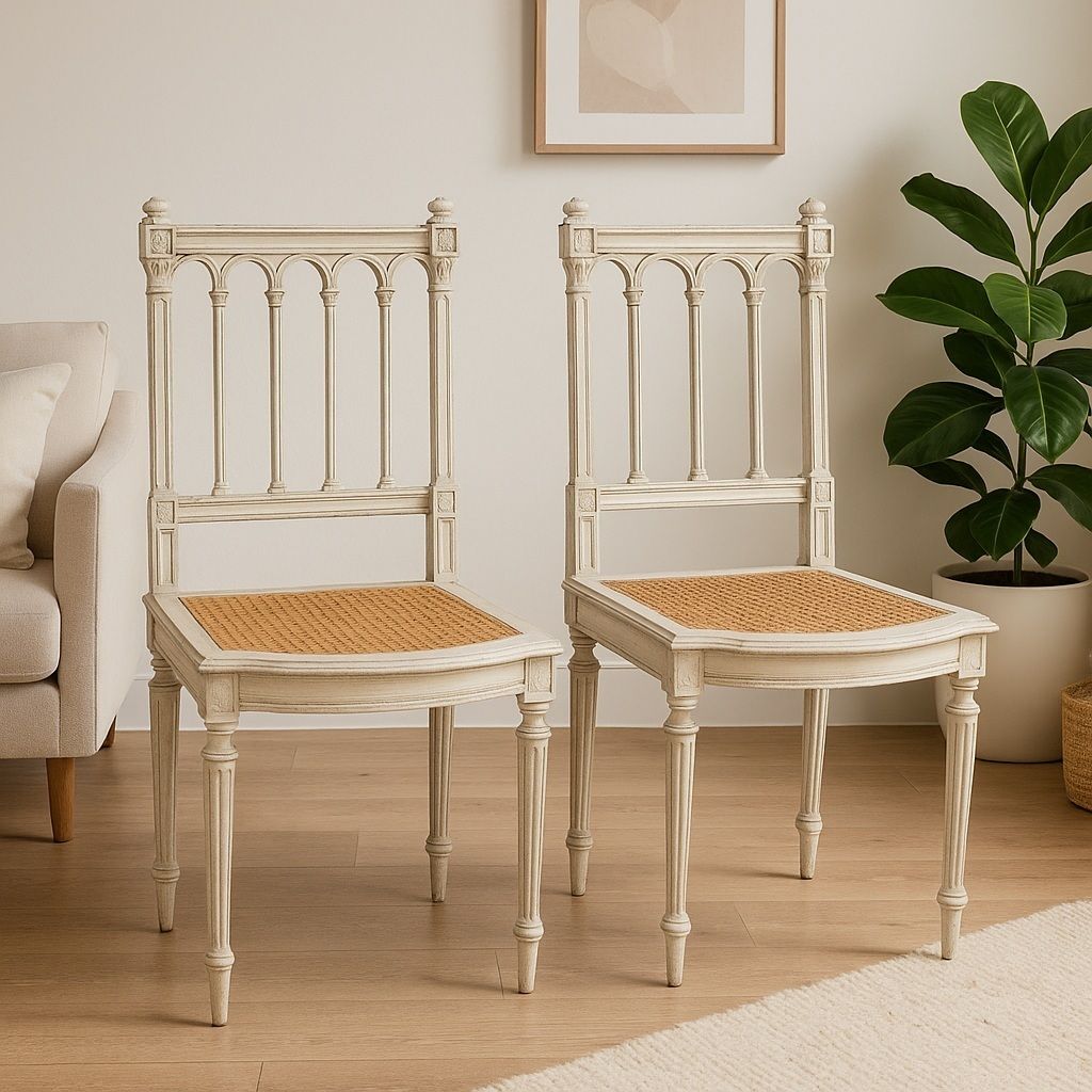 photo for sale Pair Of Vintage French Painted Chairs – Carved Wooden Bedroom Chairs