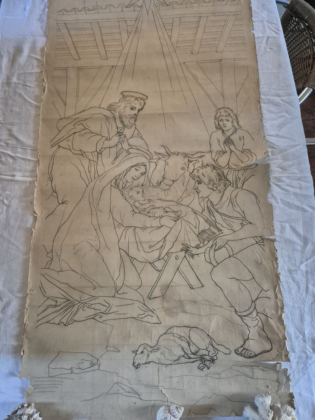 French 19thc Pencil & Charcoal Cartoon For Stain Glass Windows