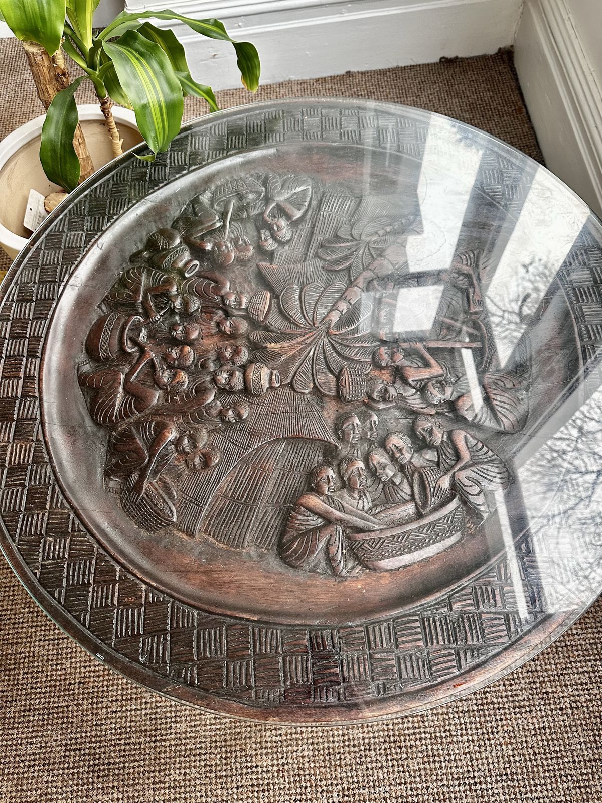 Hand Carved African Village Scene Ebony Coffee Table With Carved Elephant Legs And Glass Top photo for sale