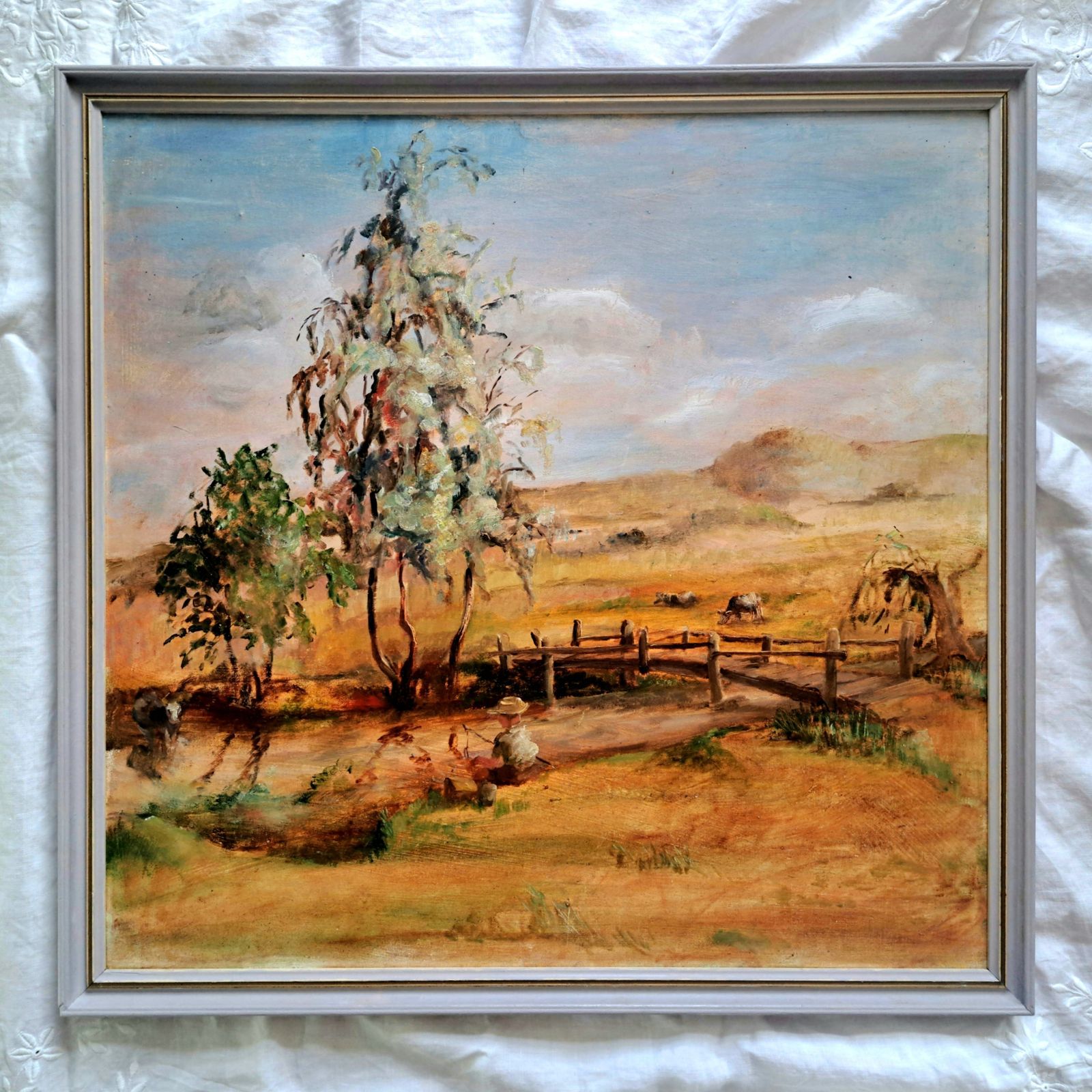 Vintage Oil Painting Of A Boy Fishing In A Rural Landscape