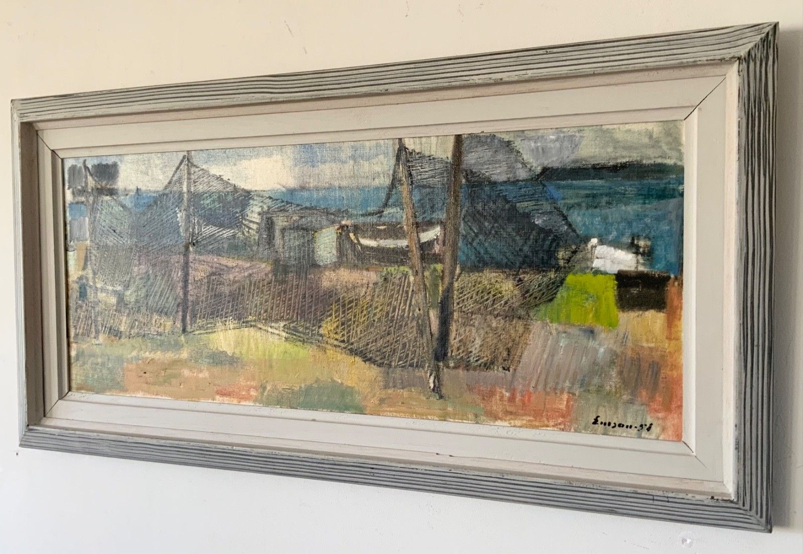 Vintage Oil Painting Fishing Village Scene 1958 photo for sale
