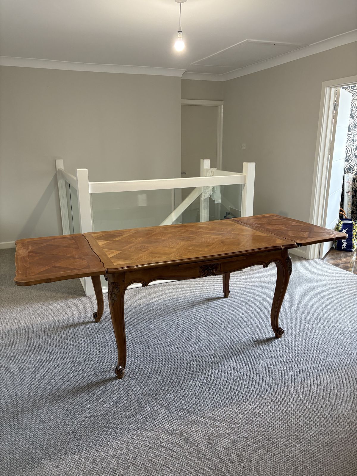 French Walnut Table; Parquetry; 2 Extending Leaves: Cabriole Legs, Seats 10 photo furniture