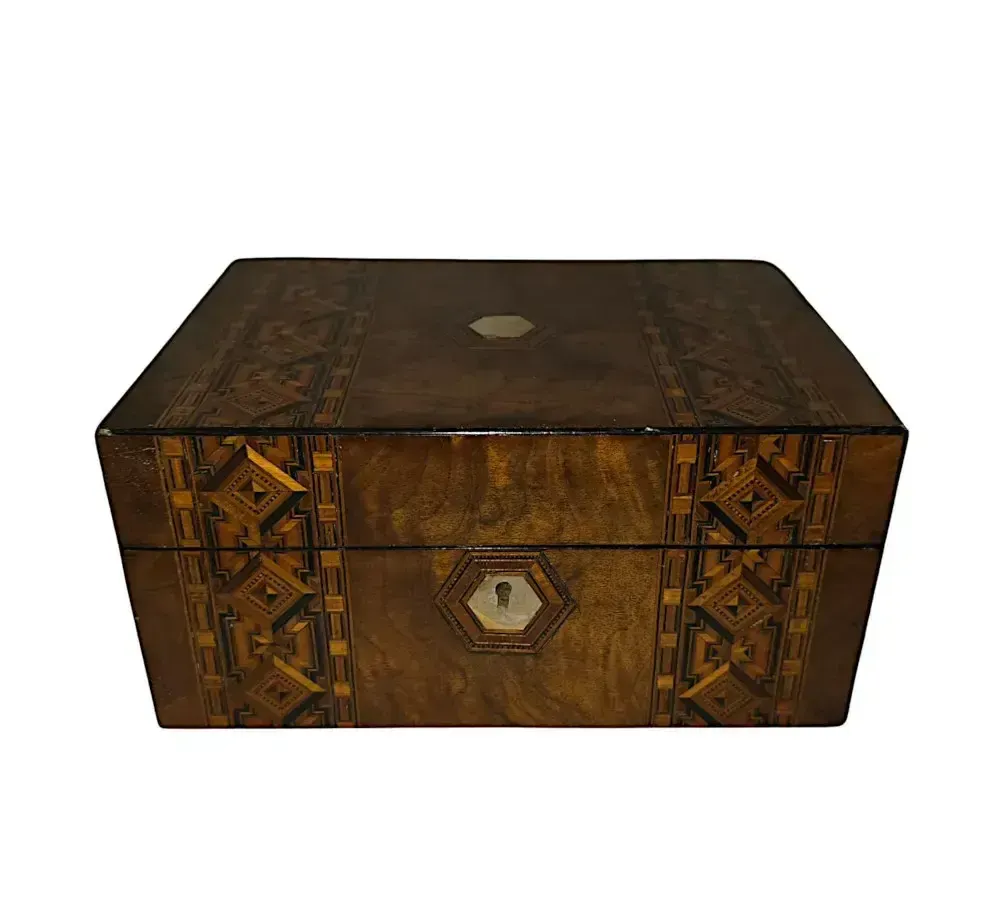 A Lovely 19th Century Inlaid Walnut Jewellery Or Sewing Box