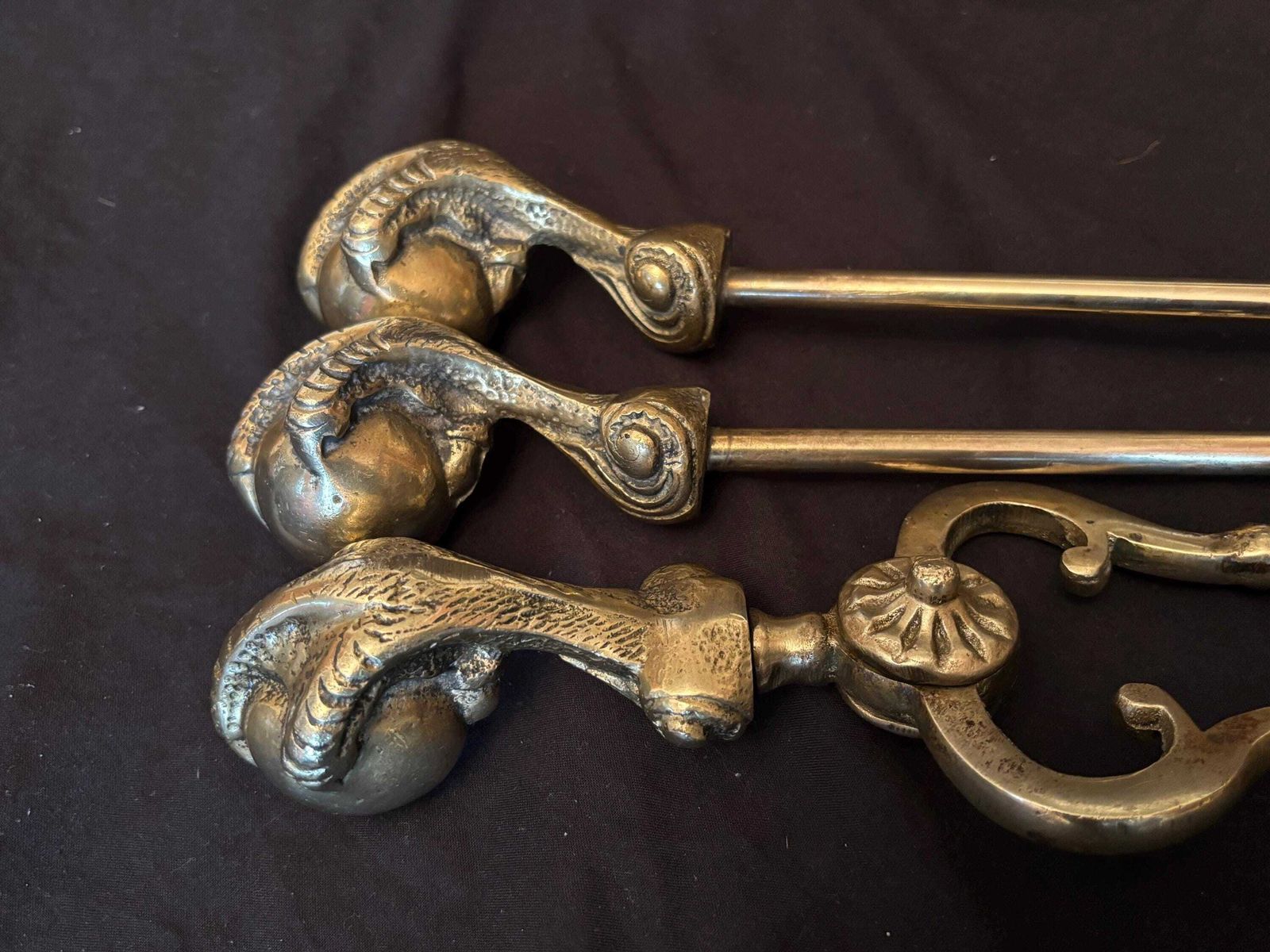 Large Antique Solid Brass Ball & Claw Fireside Companion / Tool Set photo for sale