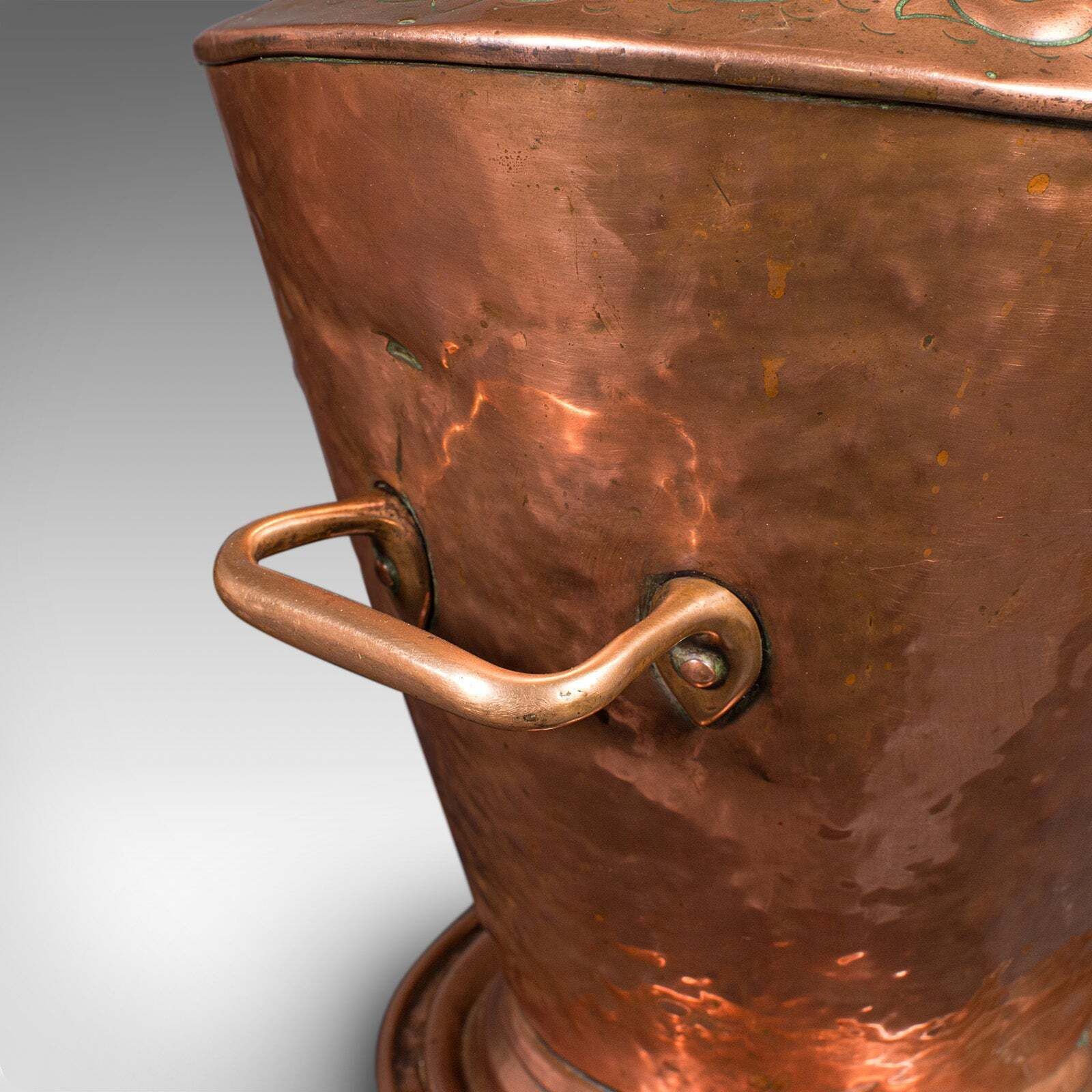 709.0 Antique Fireplace Coal Scuttle, English Copper, Basket, Art Nouveau, Victorian photo