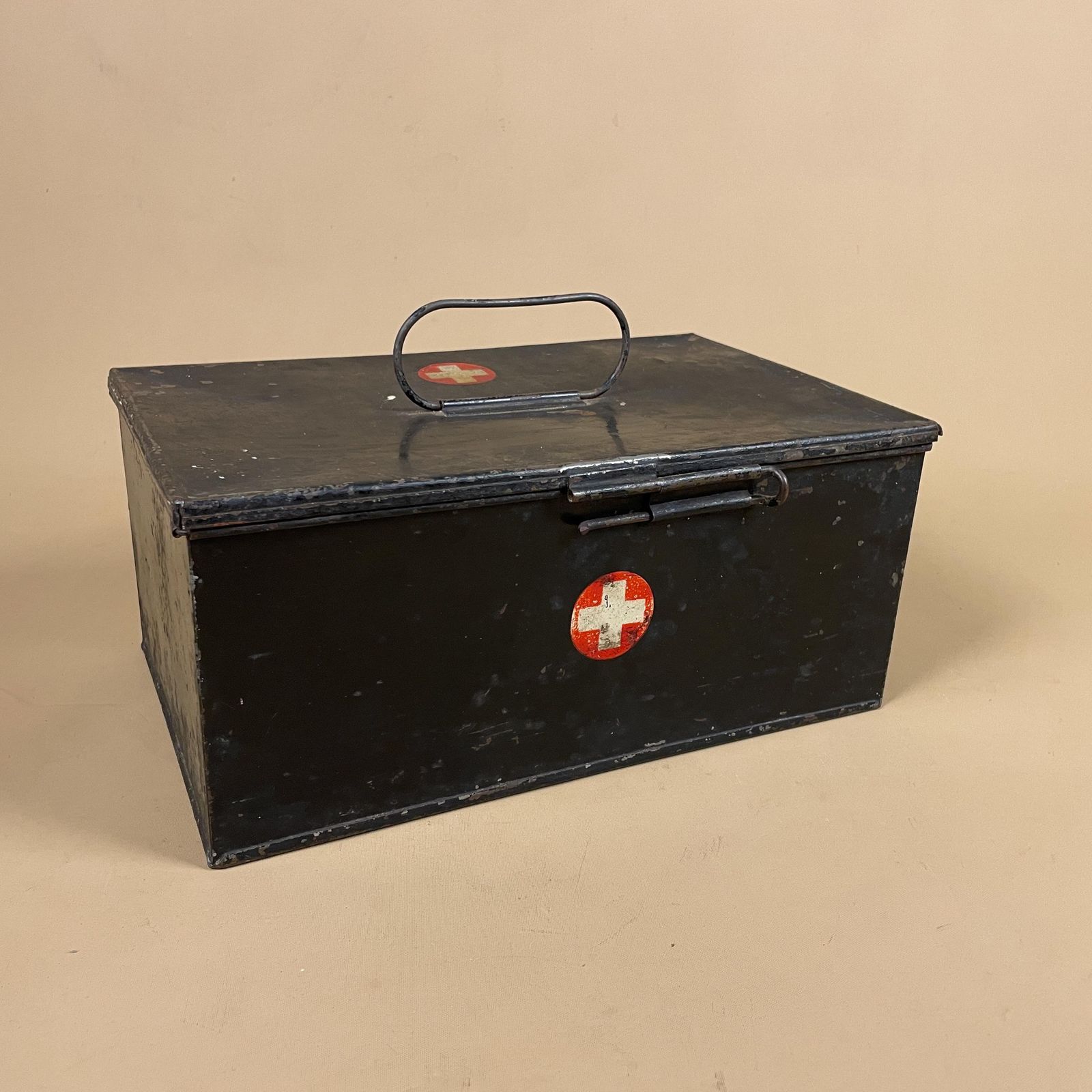 Vintage Metal First Aid Box With Contents Black Steel Wartime Ww2 Medical 1940's Boots Kit Industrial Emergency Box Complete Supplies Set photo furniture