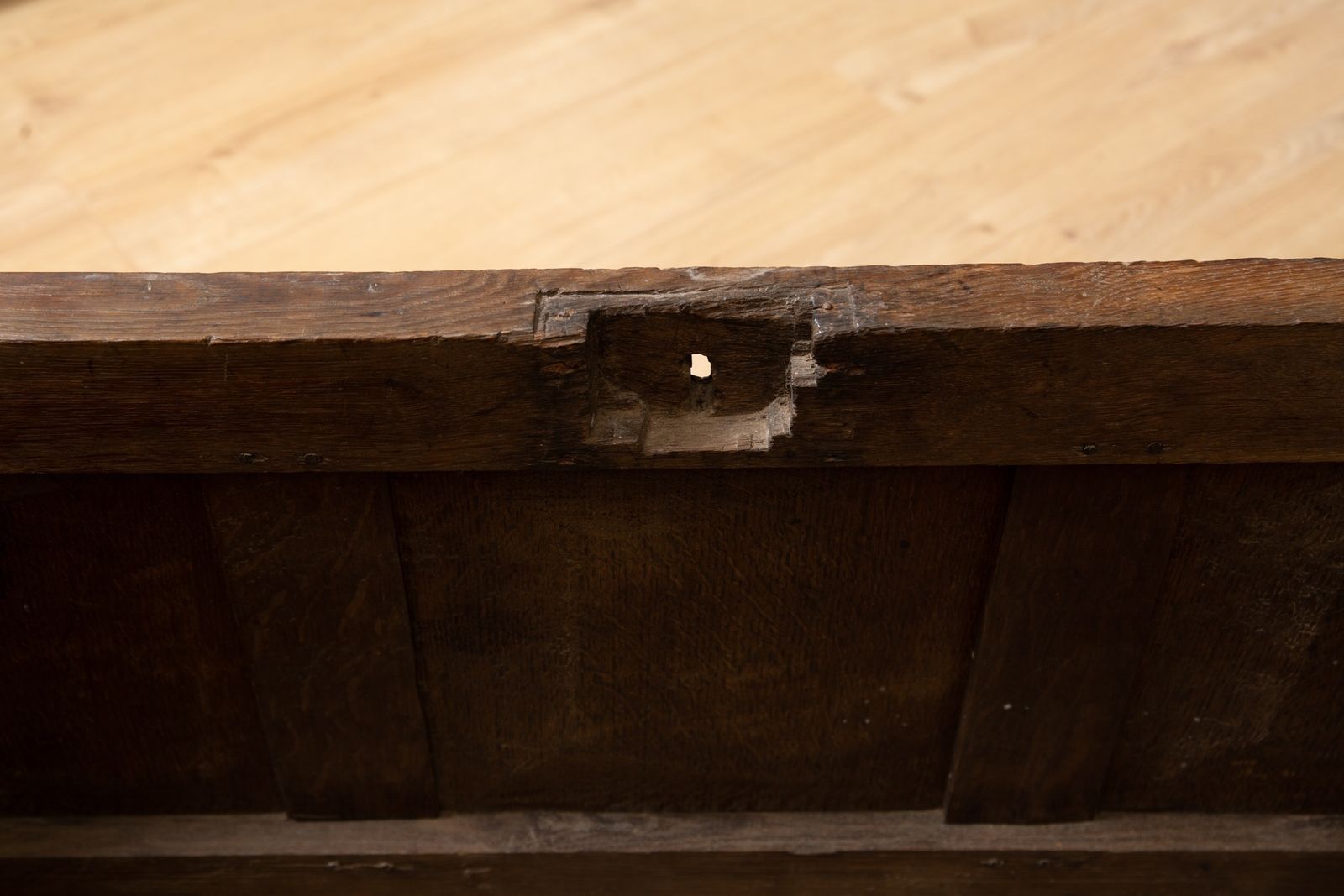 An 18th Century Oak Chest With Two Panelled Front And Fitted With A Candle Box Within photo for sale