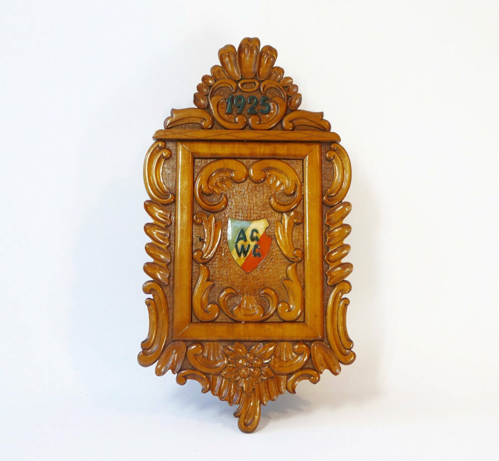 Antique 1925 German Floral Hand Carved Wooden Wall Cabinet, Small Wall Medicine Cabinet, Old Apothecary With Lock And Key