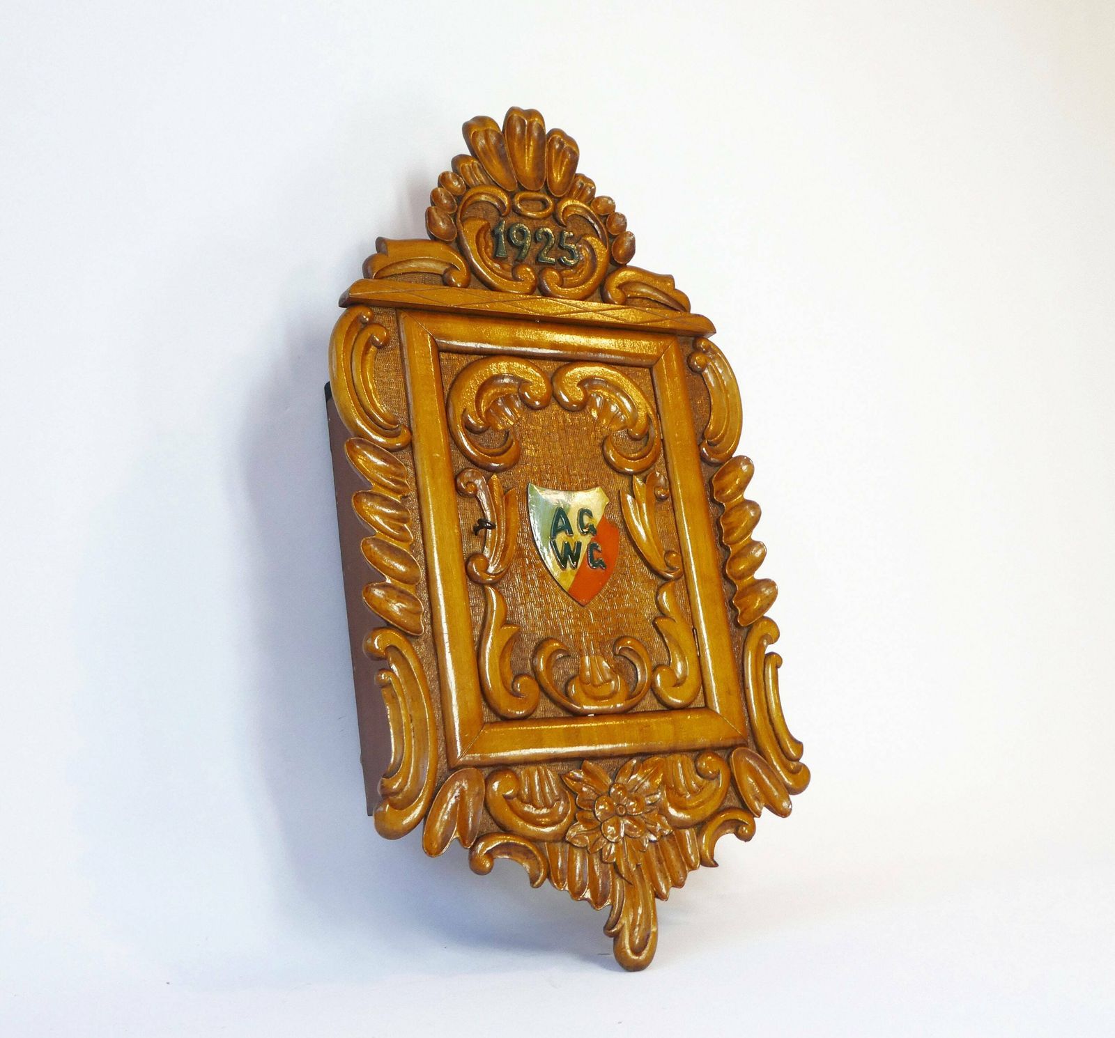 Antique 1925 German Floral Hand Carved Wooden Wall Cabinet, Small Wall Medicine Cabinet, Old Apothecary With Lock And Key photo furniture