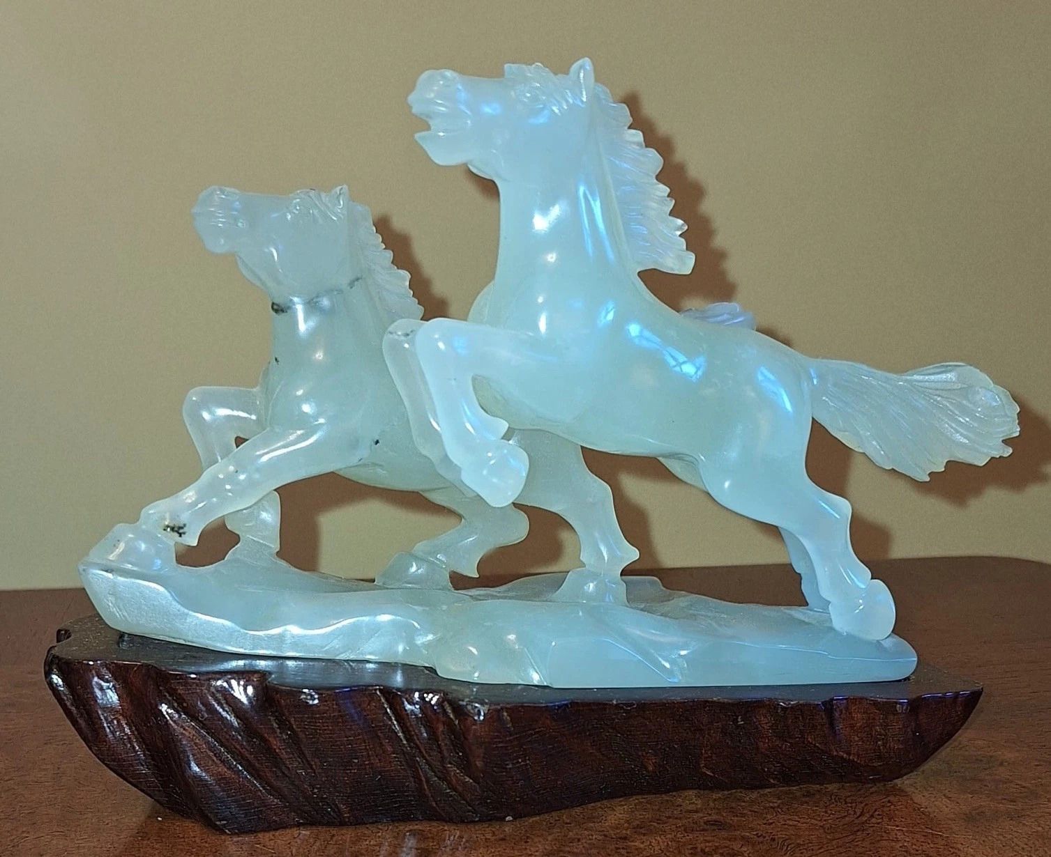 Antique Chinese Hand Carved Pale Green Genuine Jade Galloping Horses & Stand