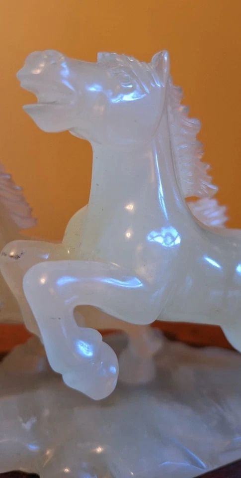 Antique Chinese Hand Carved Pale Green Genuine Jade Galloping Horses & Stand photo 895.0